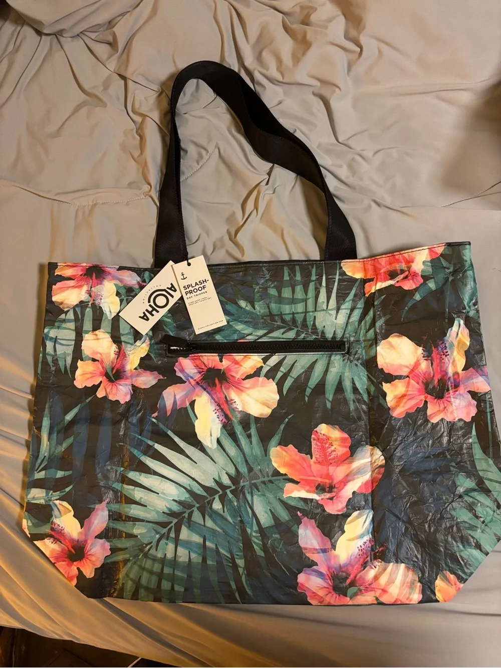 ALOHAS Tropical Floral Tote - Black Straps with Pink & Green Print